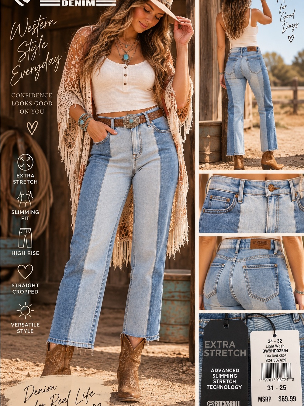 Rock & Roll Denim Two-Tone High Rise Straight Cropped Jeans NWT | 31x25